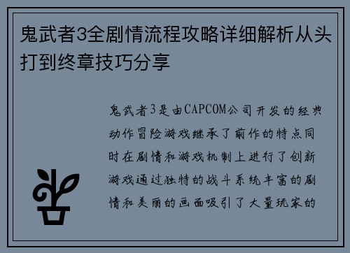 鬼武者3全剧情流程攻略详细解析从头打到终章技巧分享
